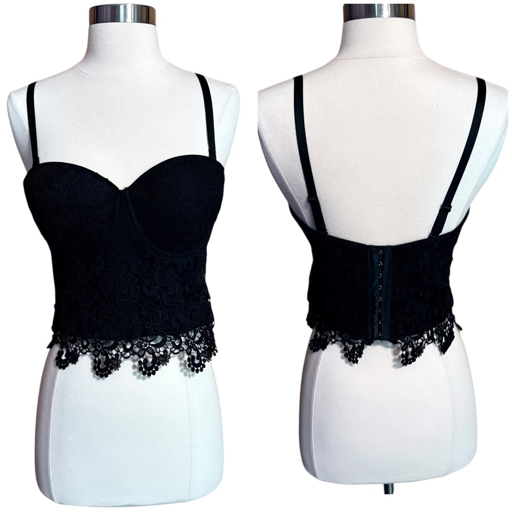 Love J Black Crochet Lace Floral Cropped Underwire Bustier Club Crop Top Large